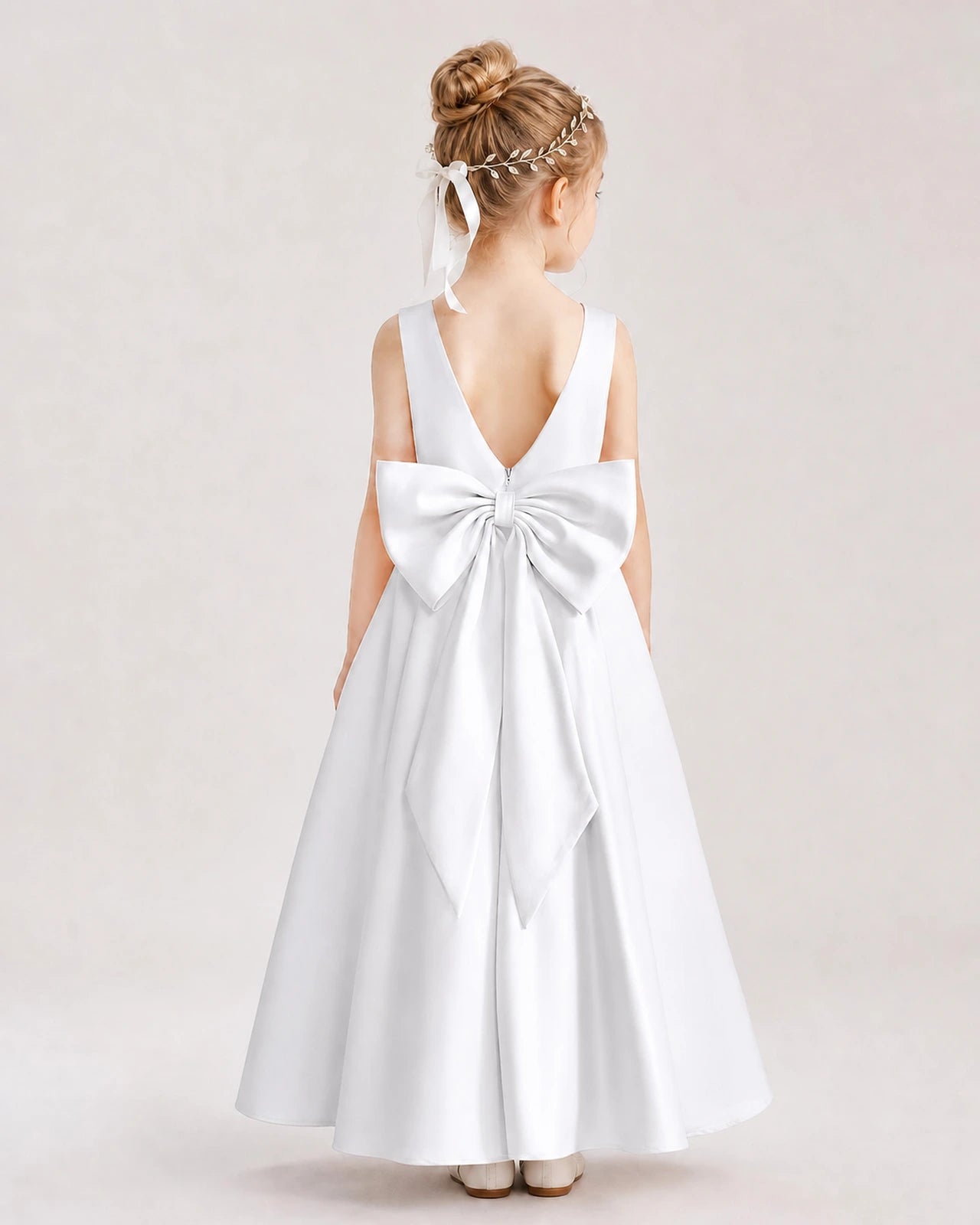 White Satin V-Neck A-Line Flower Girl Dresses Back View