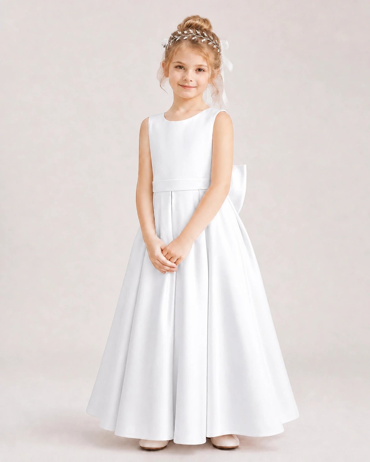White satin A-line flower girl dress, Front View