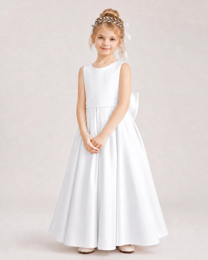 White satin A-line flower girl dress, Front View