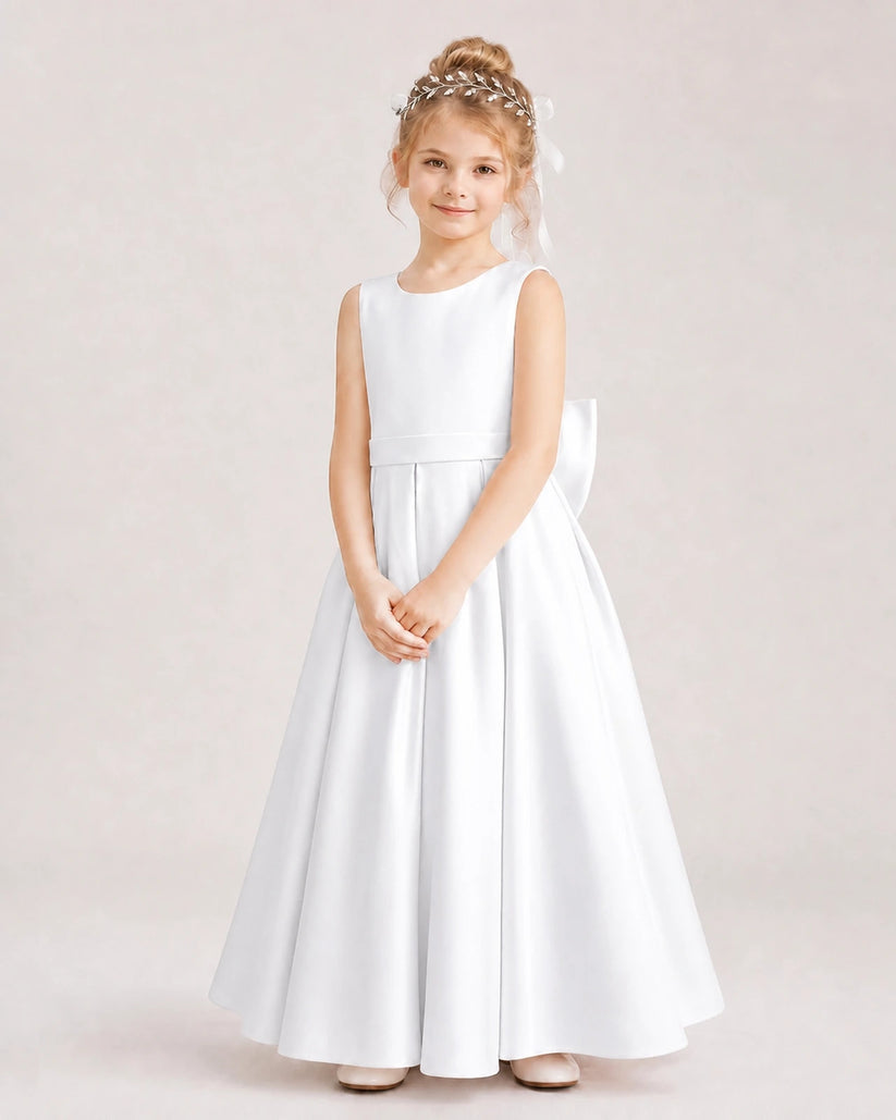 White satin A-line flower girl dress, Front View
