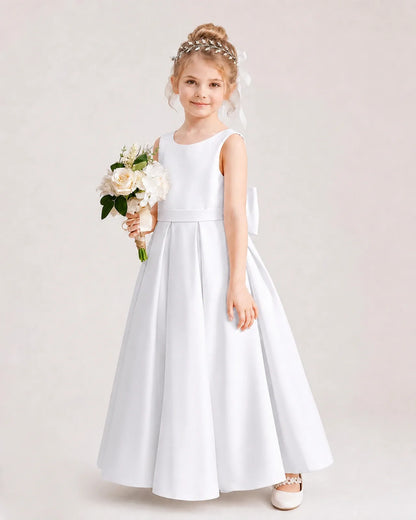 White Satin A-Line Flower Girl Dresses Side View