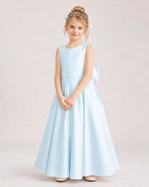 Baby Blue Flower Girl Dress Deep V-Back Oversized Satin Bow A-Line Floor-Length Gown Front Full View