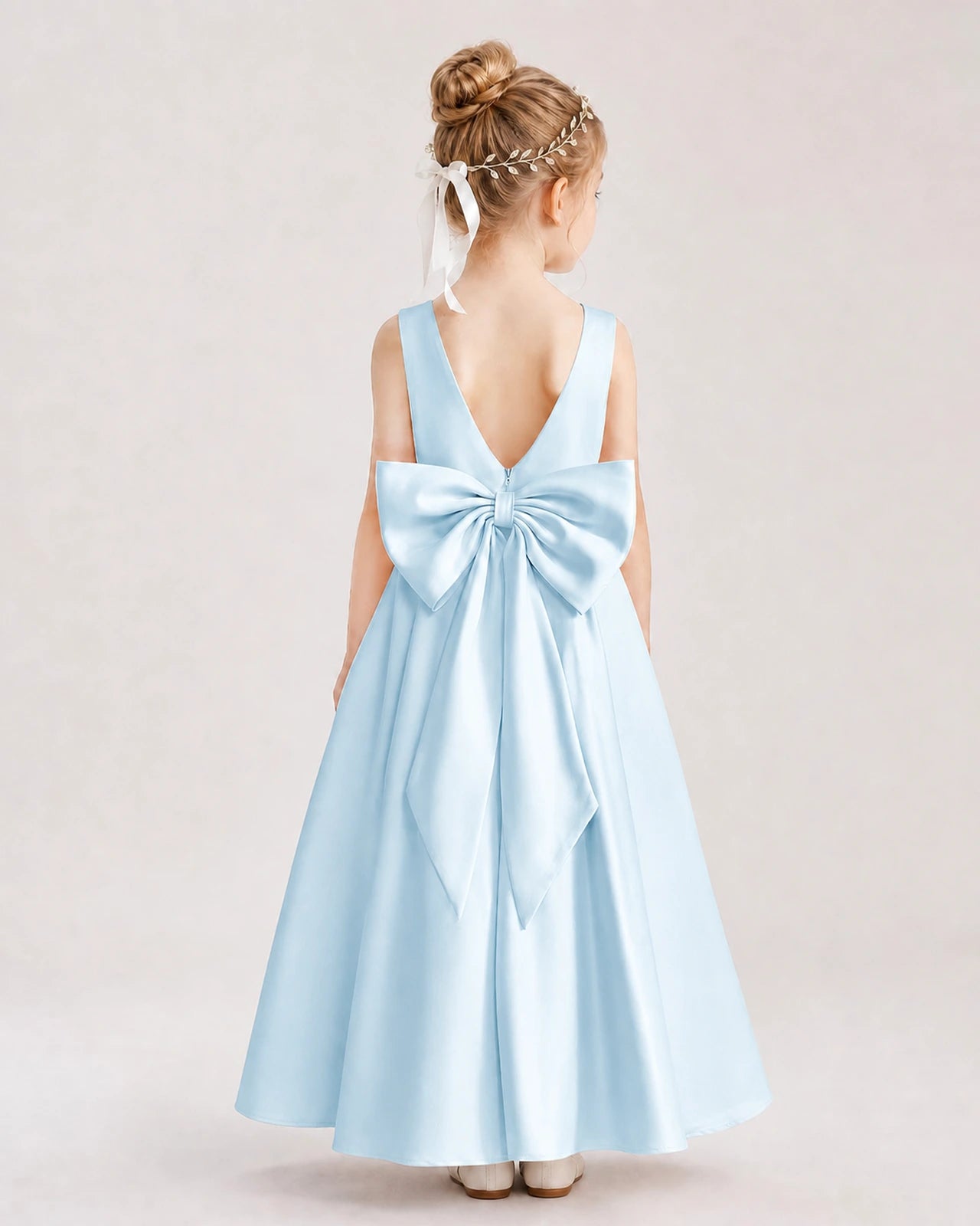Baby Blue Flower Girl Dress Deep V-Back Oversized Satin Bow A-Line Floor-Length Gown Back Full View