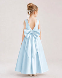 Baby Blue Flower Girl Dress Deep V-Back Oversized Satin Bow A-Line Floor-Length Gown Back Full View