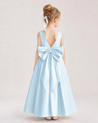Baby Blue Flower Girl Dress Deep V-Back Oversized Satin Bow A-Line Floor-Length Gown Back Full View