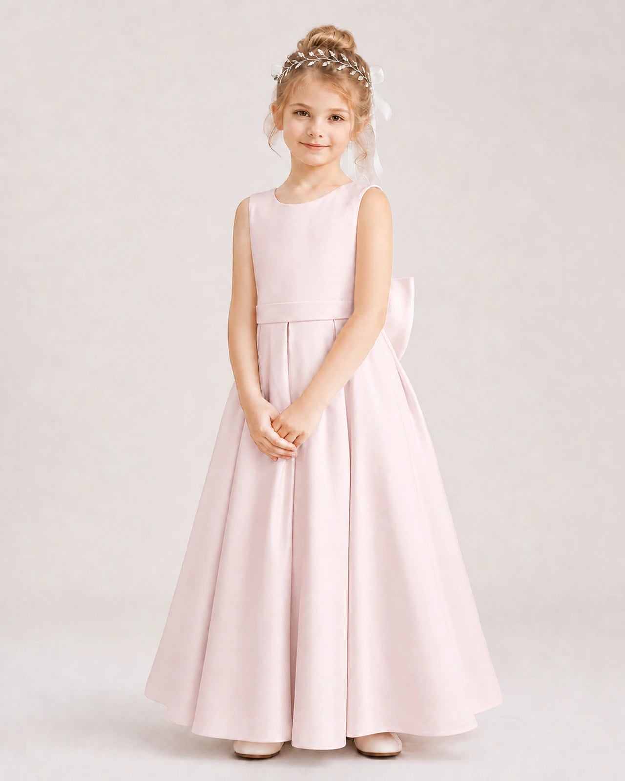 Blush Pink Flower Girl Dress Deep V-Back Oversized Satin Bow A-Line Floor-Length Gown Front Full View