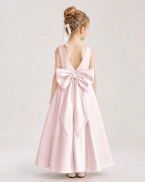 Blush Pink Flower Girl Dress Deep V-Back Oversized Satin Bow A-Line Floor-Length Gown Back Full View