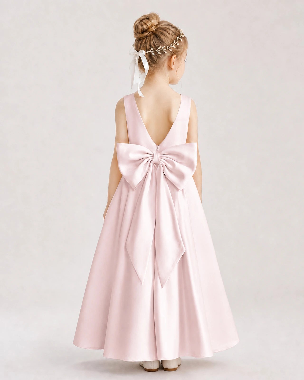 Blush Pink Flower Girl Dress Deep V-Back Oversized Satin Bow A-Line Floor-Length Gown Back Full View