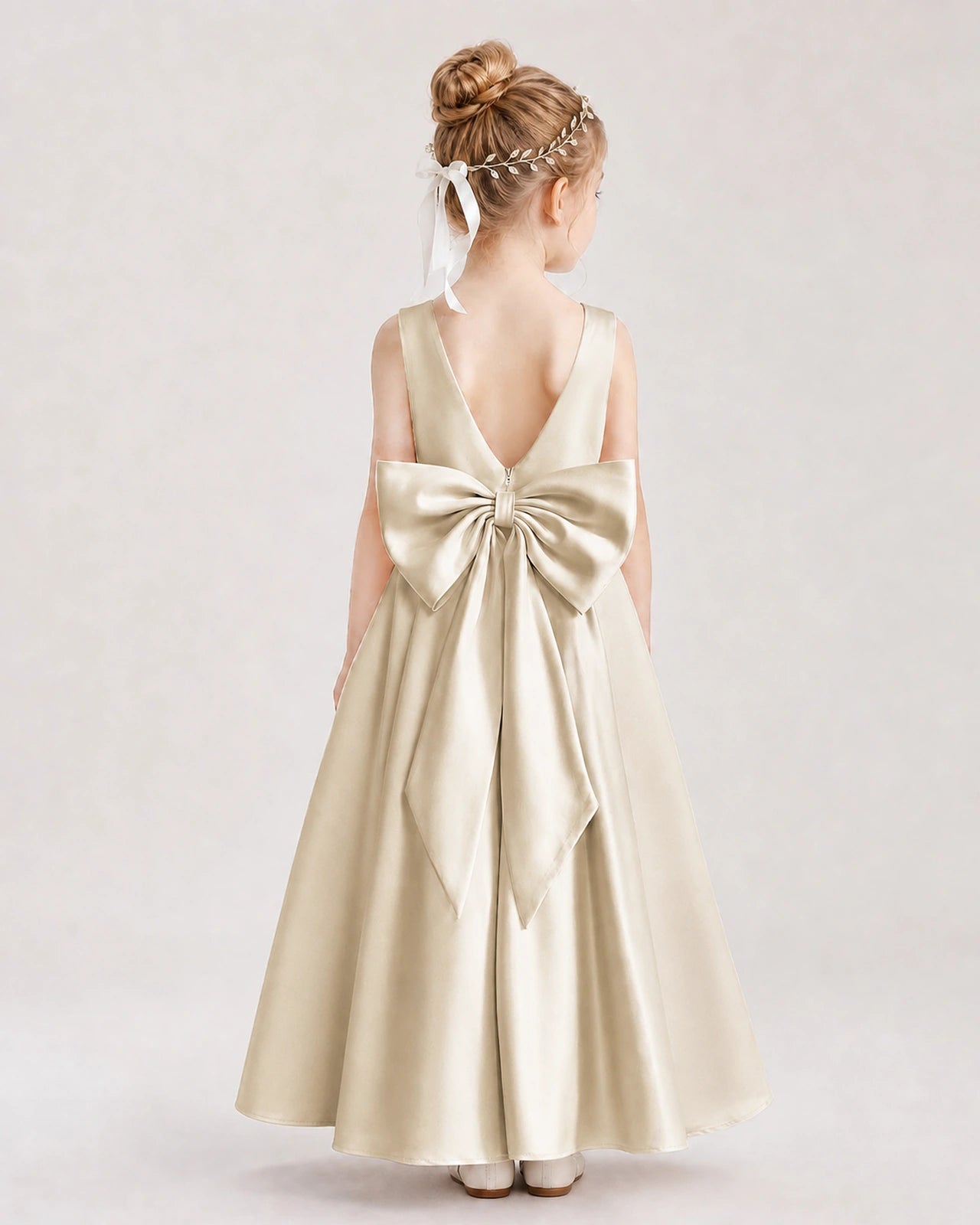 Champagne Flower Girl Dress Deep V-Back Oversized Satin Bow A-Line Floor-Length Gown Back Full View