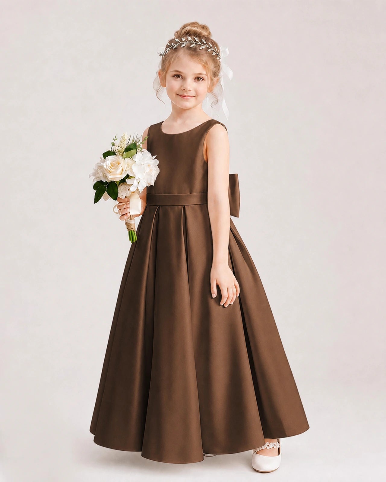 Chocolate Flower Girl Dress Deep V-Back Oversized Satin Bow A-Line Floor-Length Gown Front Full View