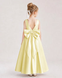 Daffodil Flower Girl Dress Deep V-Back Oversized Satin Bow A-Line Floor-Length Gown Back Full View