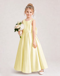 Daffodil Flower Girl Dress Deep V-Back Oversized Satin Bow A-Line Floor-Length Gown Front Full View