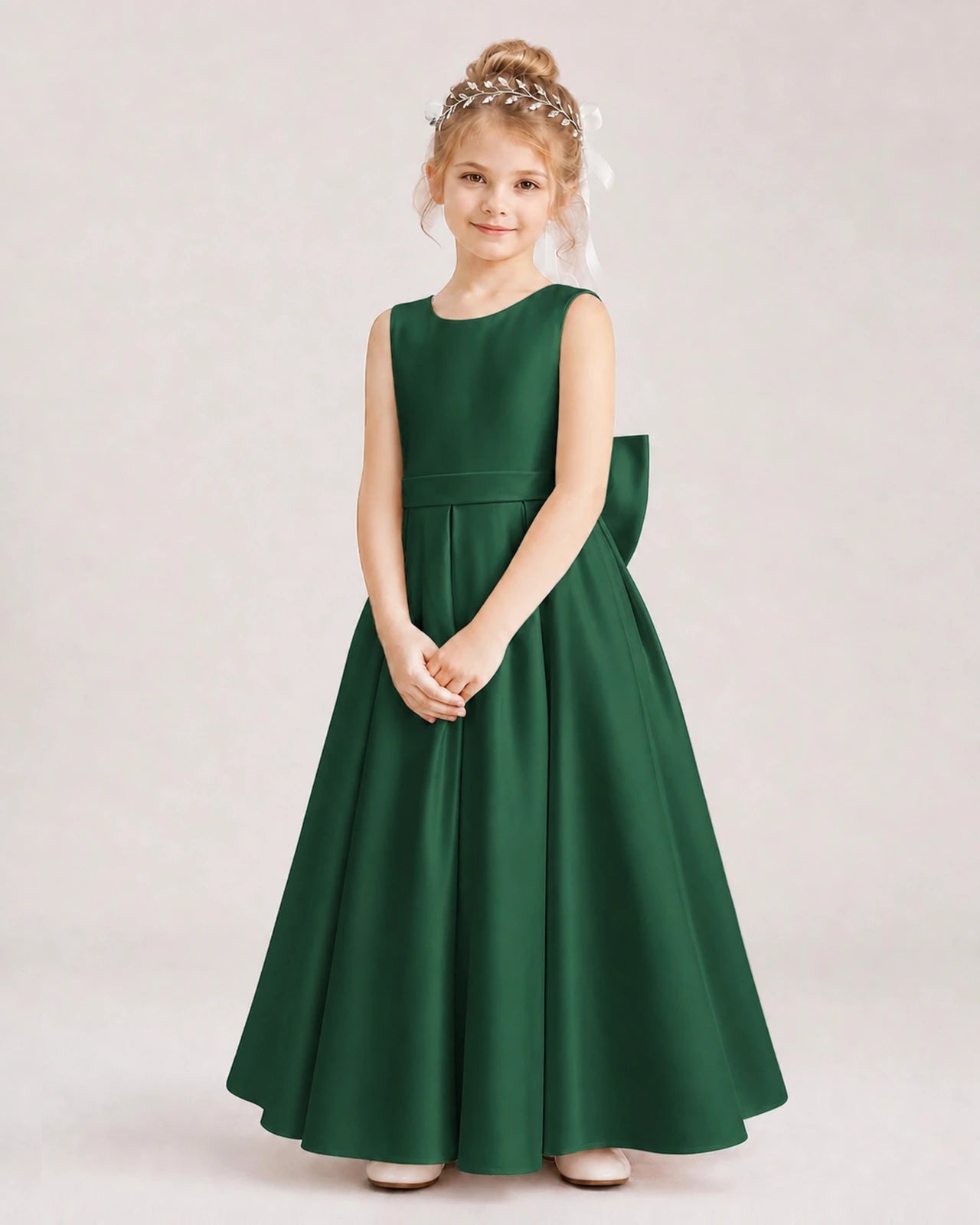 Dark Green Flower Girl Dress Deep V-Back Oversized Satin Bow A-Line Floor-Length Gown Front Full View