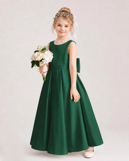 Dark Green Flower Girl Dress Deep V-Back Oversized Satin Bow A-Line Floor-Length Gown Front Full View