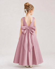 Dusty Rose Flower Girl Dress Deep V-Back Oversized Satin Bow A-Line Floor-Length Gown Back Full View