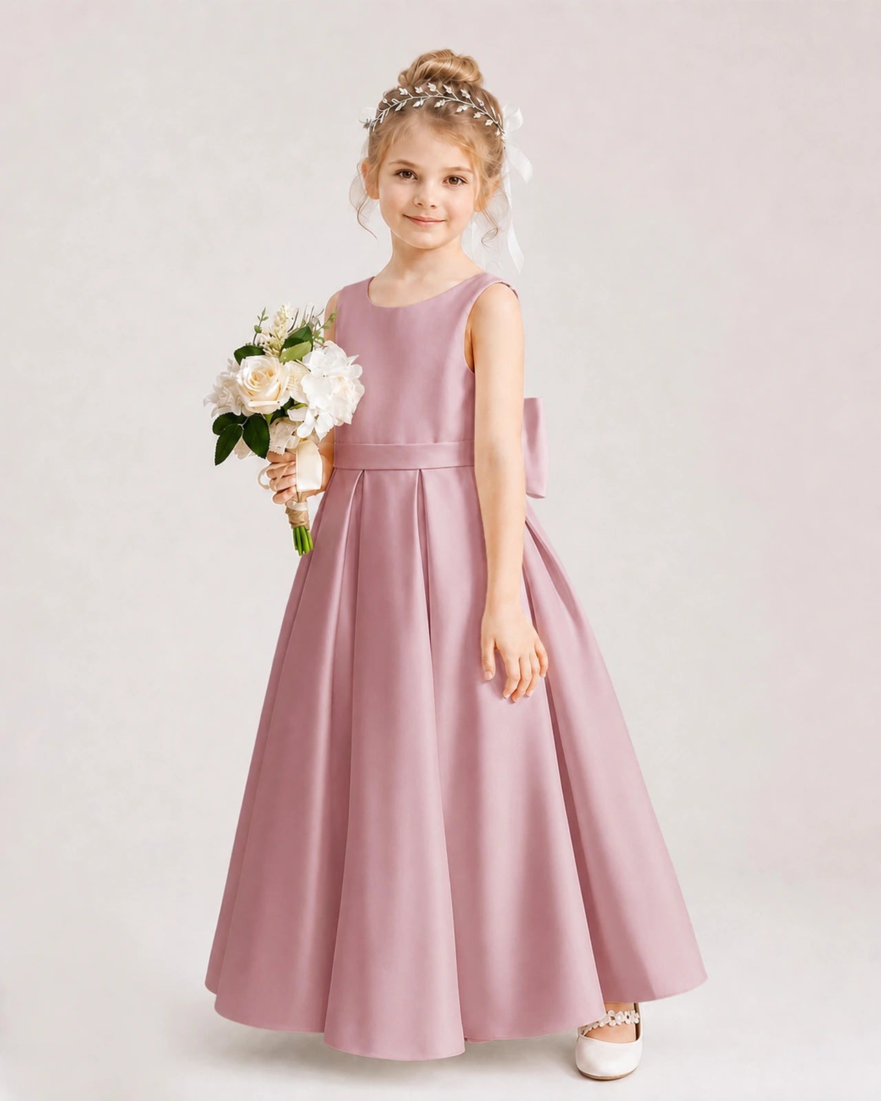 Dusty Rose Flower Girl Dress Deep V-Back Oversized Satin Bow A-Line Floor-Length Gown Front Full View