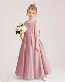 Dusty Rose Flower Girl Dress Deep V-Back Oversized Satin Bow A-Line Floor-Length Gown Front Full View