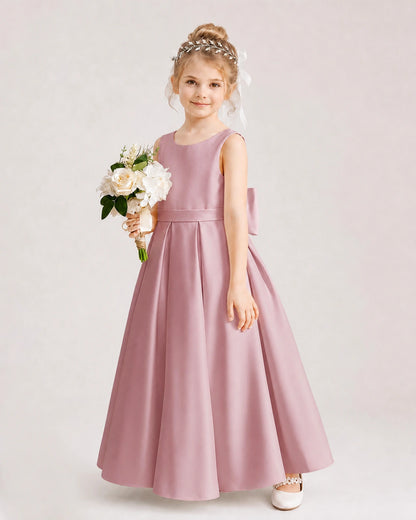 Dusty Rose Flower Girl Dress Deep V-Back Oversized Satin Bow A-Line Floor-Length Gown Front Full View