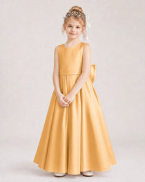 Gold Flower Girl Dress Deep V-Back Oversized Satin Bow A-Line Floor-Length Gown Front Full View