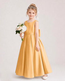 Gold Flower Girl Dress Deep V-Back Oversized Satin Bow A-Line Floor-Length Gown Front Full View