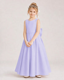 Lavender Flower Girl Dress Deep V-Back Oversized Satin Bow A-Line Floor-Length Gown Front Full View