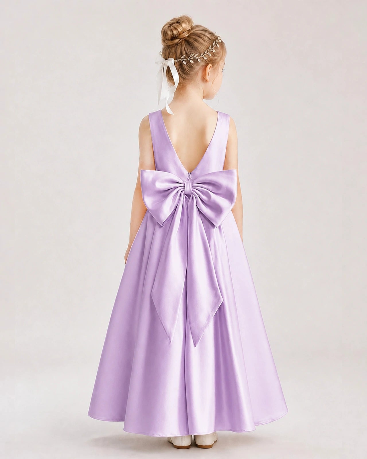 Lilac Flower Girl Dress Deep V-Back Oversized Satin Bow A-Line Floor-Length Gown Back Full View