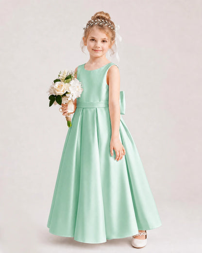Mint Green Flower Girl Dress Deep V-Back Oversized Satin Bow A-Line Floor-Length Gown Front Full View