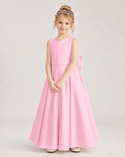 Pink Flower Girl Dress Deep V-Back Oversized Satin Bow A-Line Floor-Length Gown Front Full View