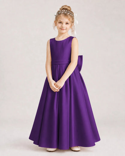 Purple Flower Girl Dress Deep V-Back Oversized Satin Bow A-Line Floor-Length Gown Front Full View