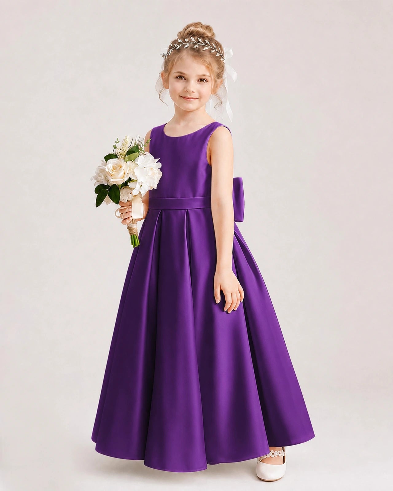Purple Flower Girl Dress Deep V-Back Oversized Satin Bow A-Line Floor-Length Gown Front Full View
