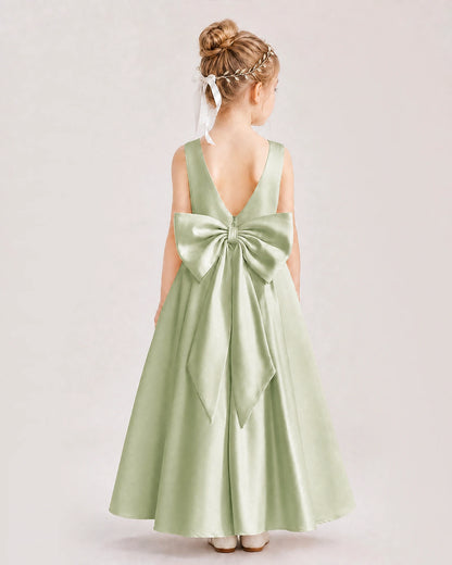 Sage Green Flower Girl Dress Deep V-Back Oversized Satin Bow A-Line Floor-Length Gown Back Full View