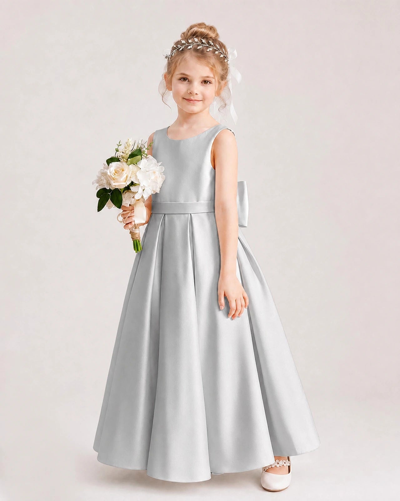 Silver Flower Girl Dress Deep V-Back Oversized Satin Bow A-Line Floor-Length Gown Front Full View