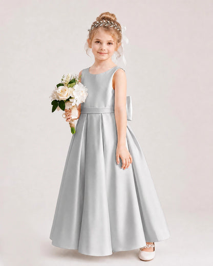 Silver Flower Girl Dress Deep V-Back Oversized Satin Bow A-Line Floor-Length Gown Front Full View