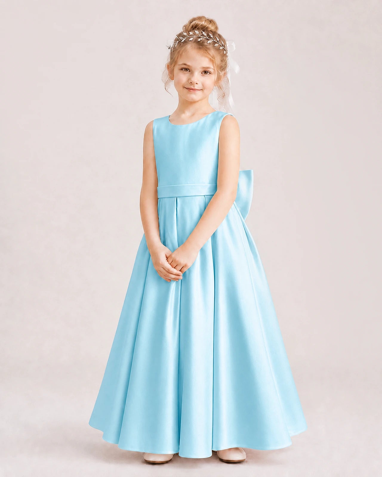 Sky Blue Flower Girl Dress Deep V-Back Oversized Satin Bow A-Line Floor-Length Gown Front Full View
