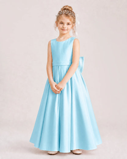 Sky Blue Flower Girl Dress Deep V-Back Oversized Satin Bow A-Line Floor-Length Gown Front Full View