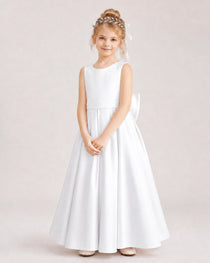 White Flower Girl Dress Deep V-Back Oversized Satin Bow A-Line Floor-Length Gown Front Full View