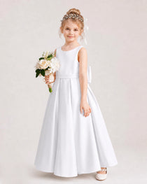 White Flower Girl Dress Deep V-Back Oversized Satin Bow A-Line Floor-Length Gown Front Full View
