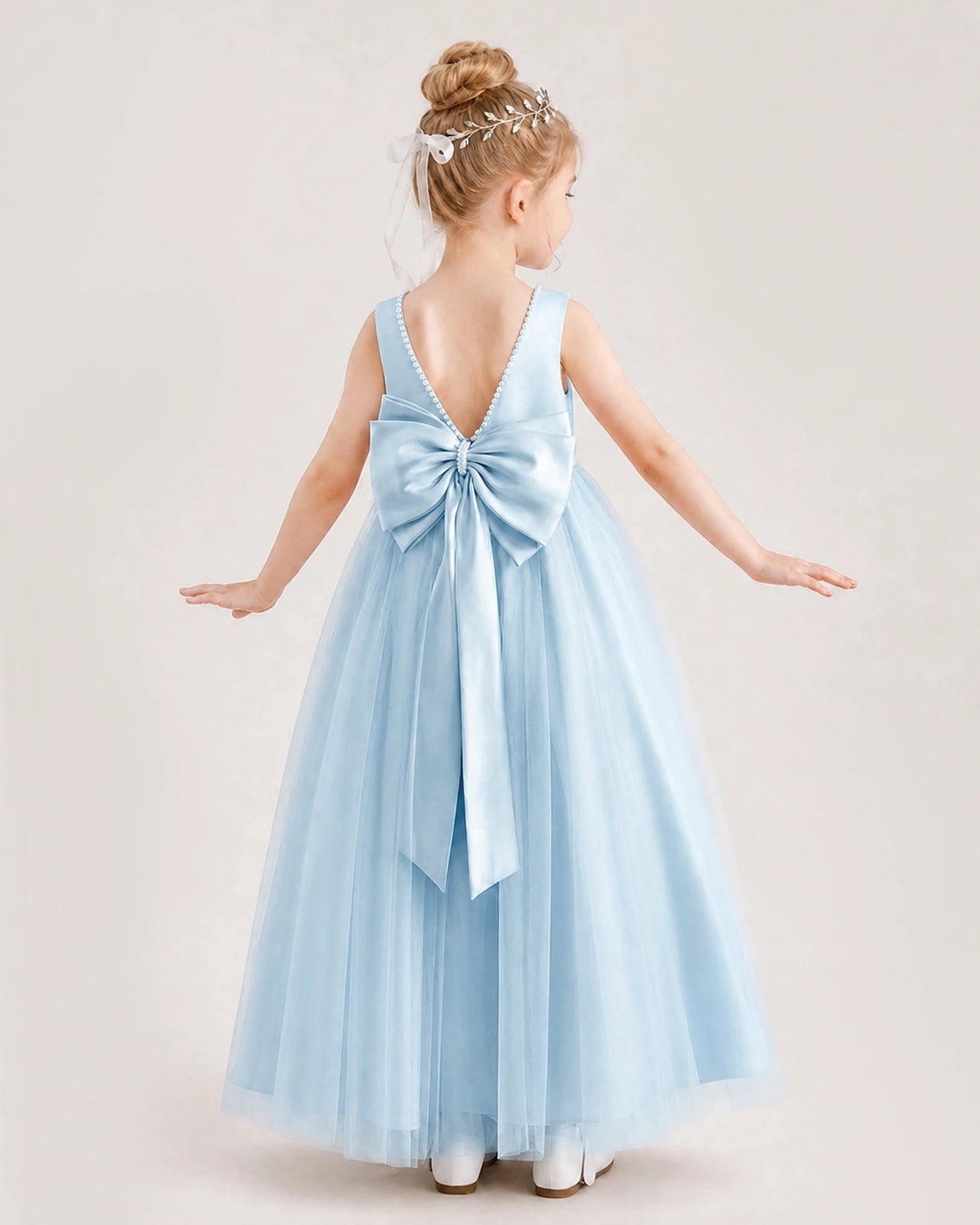 Baby Blue Satin and Tulle Bow Back Flower Girl Dress Back View