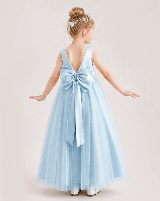 Dideyttawl Tulle Flower Girl Dress with V-Back and Satin Bow