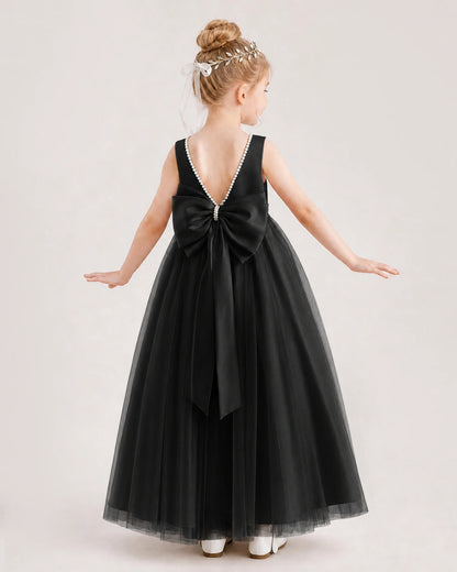 Black Satin Tulle A-Line Flower Girl Dress Back View