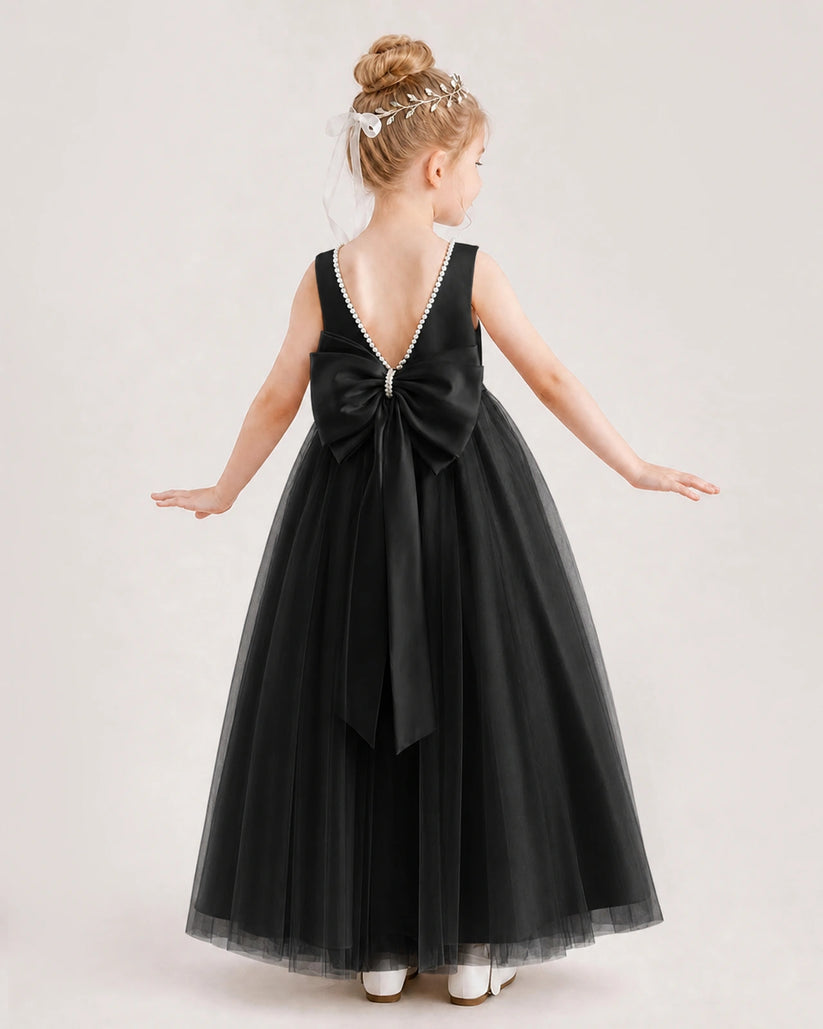 Black Satin Tulle A-Line Flower Girl Dress Back View