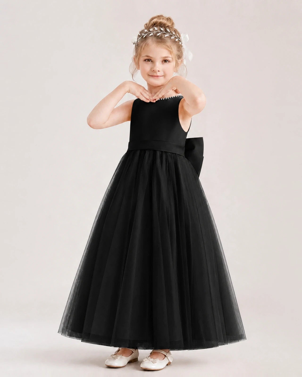 Black Satin and Tulle A-Line Flower Girl Dresses Front View