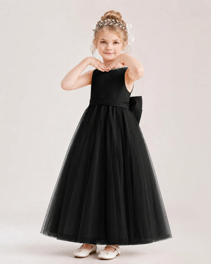 Black Satin and Tulle A-Line Flower Girl Dresses Front View