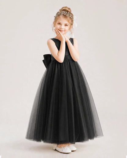 Black Satin and Tulle A-Line Flower Girl Dress