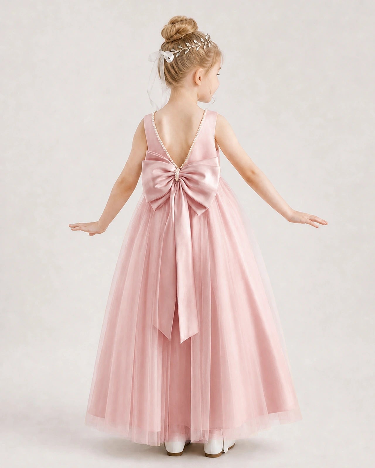 Blush Pink Satin Tulle A-Line Flower Girl Dresses Back View