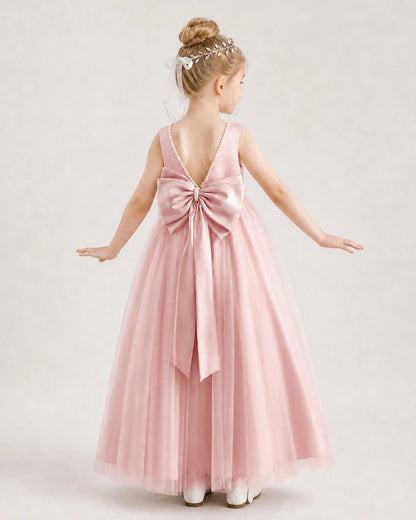 Blush Pink Satin Tulle A-Line Flower Girl Dresses Back View
