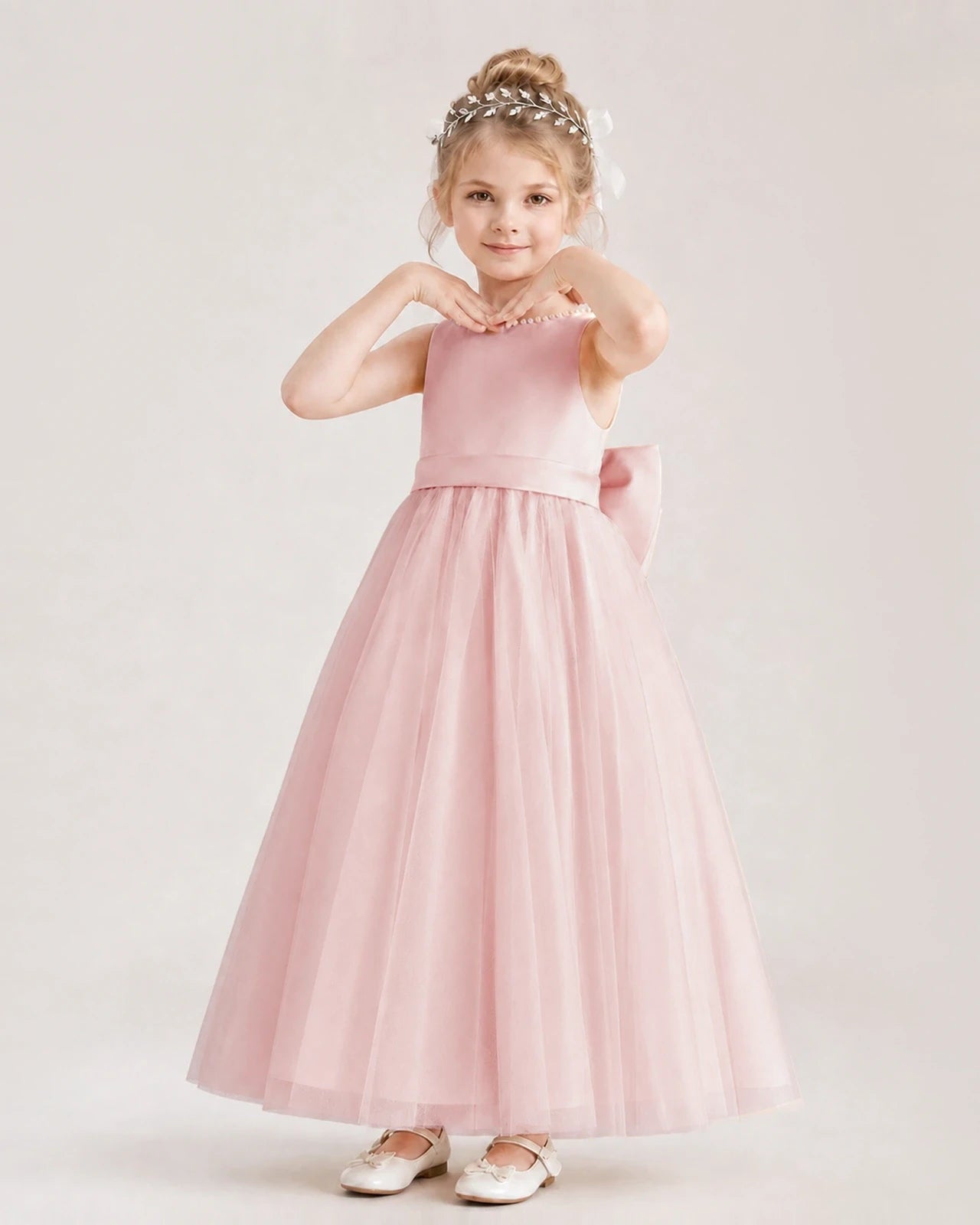 Blush Pink Satin Tulle A-Line Flower Girl Dresses Front View