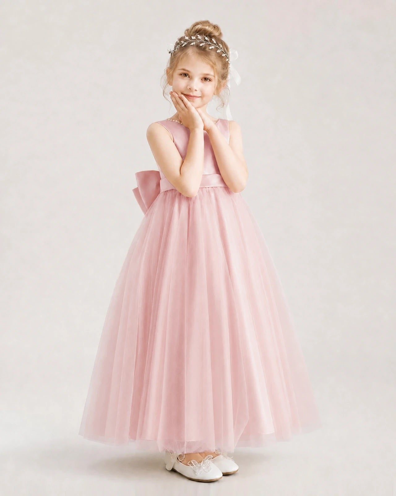Blush Pink Satin Tulle A-Line Flower Girl Dresses Front View
