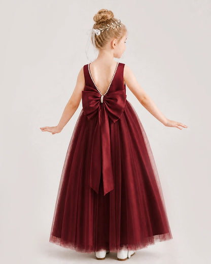 Burgundy Satin and Tulle Bow A-Line Flower Girl Dresses Back View