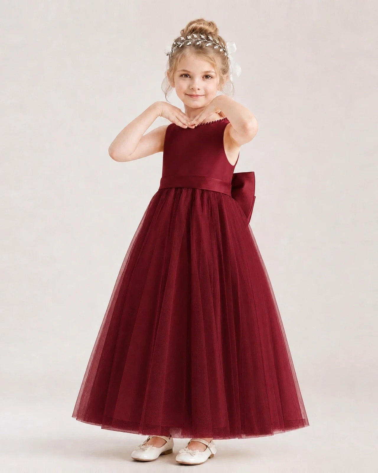 Burgundy Satin and Tulle A-Line Flower Girl Dresses Front View